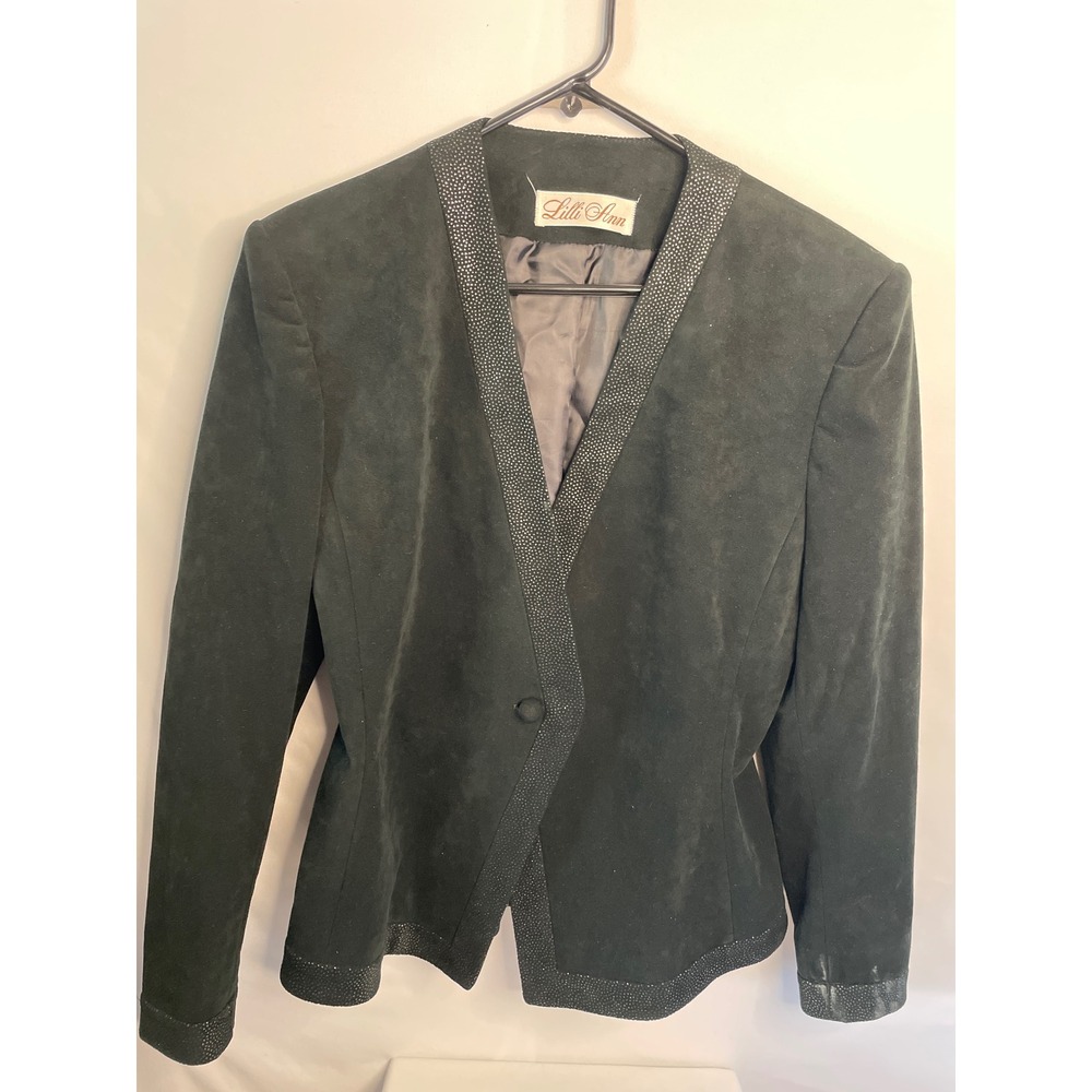 Lilli Ann Vintage Ultrasuede Blazer Green Single Button Metallic Trim Jacket